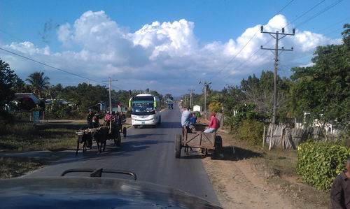 повозки селян и автобус туристов